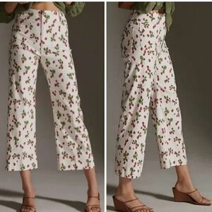 Nicole Miller High Rise Straight Cropped Strawberry Print Pants White, Sz 6 NWT
